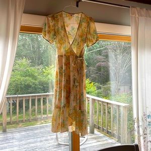 LC Lauren Conrad Puff Sleeve Wrap Midi Dress- Yellow Floral-Excellent condition